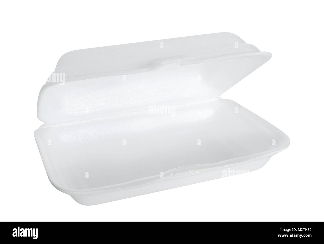Styrofoam casella su sfondo bianco. Contenitore per alimenti. Foto Stock
