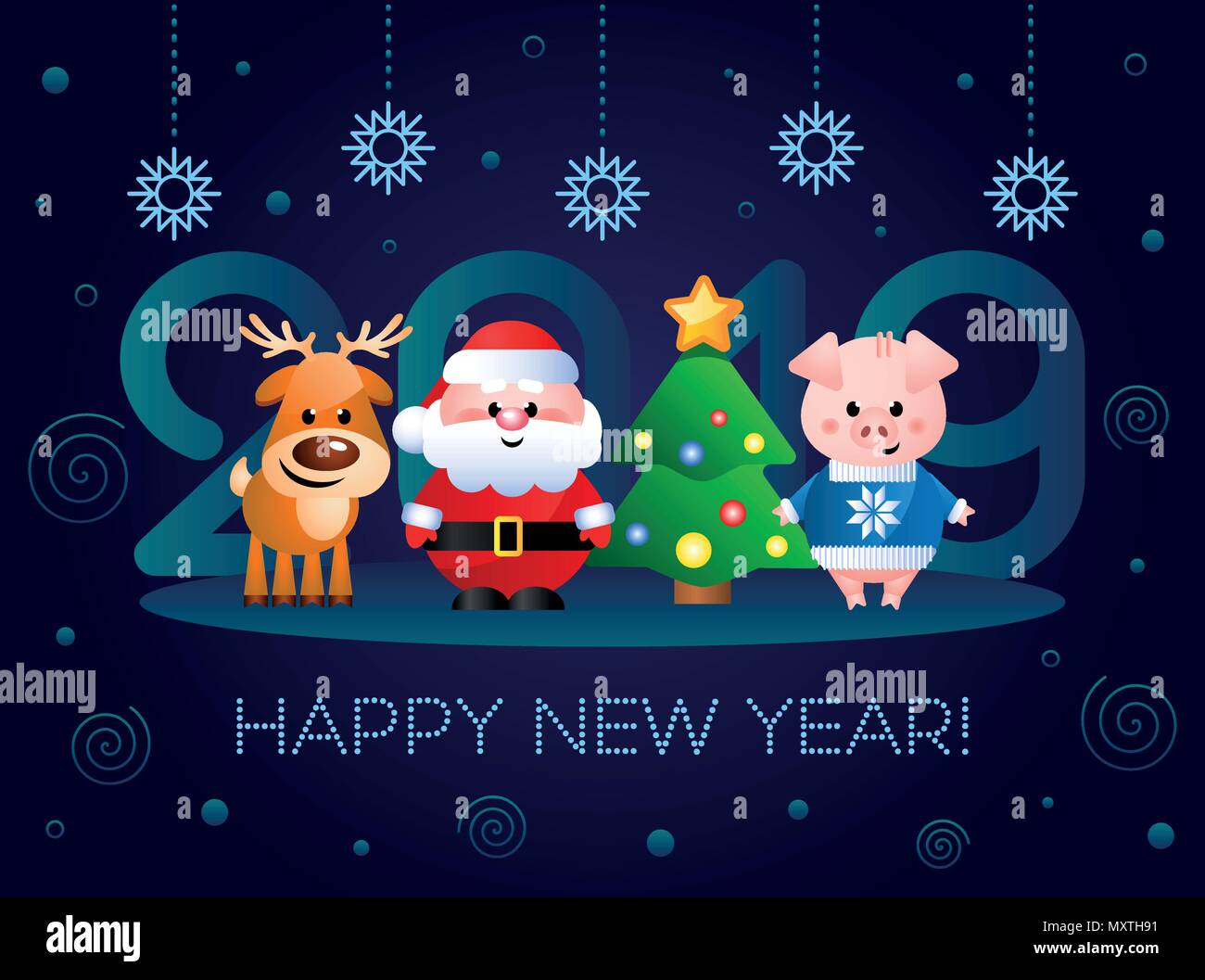 Felice Anno Nuovo 2019! Biglietto di auguri con simpatici personaggi dei cartoni animati. Babbo Natale, maiale e renne con albero di Natale. Illustrazione Vettoriale. Illustrazione Vettoriale