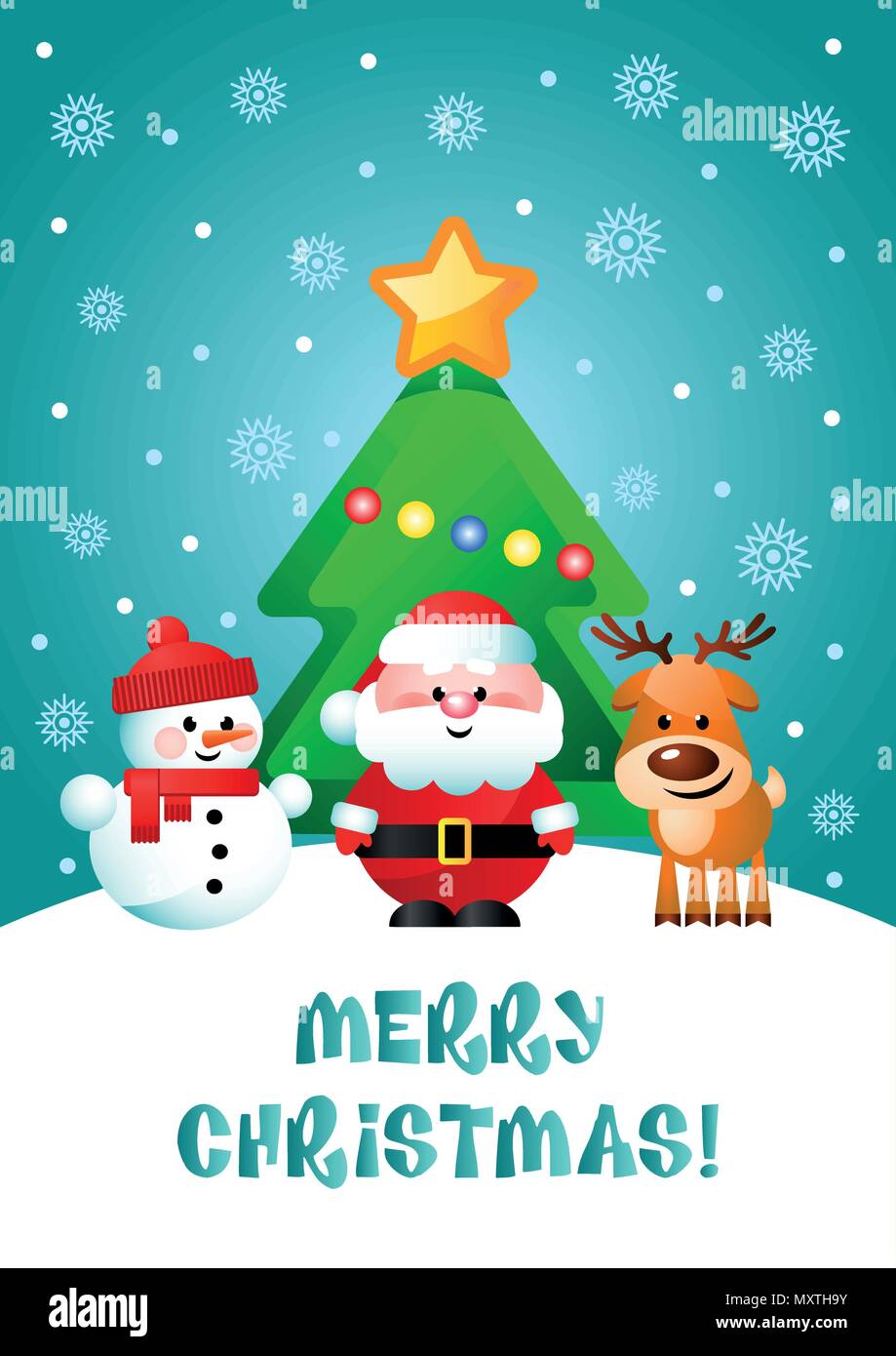 Buon Natale! Biglietto di auguri con simpatici personaggi dei cartoni  animati. Babbo Natale, pupazzo di neve e renne con albero di Natale.  Illustrazione Vettoriale Immagine e Vettoriale - Alamy