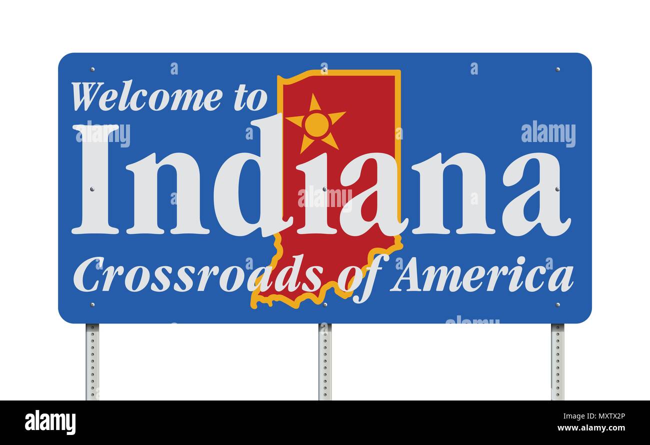 Illustrazione Vettoriale del Benvenuto a Indiana cartello blu con lo slogan "Crossroads of America" Illustrazione Vettoriale