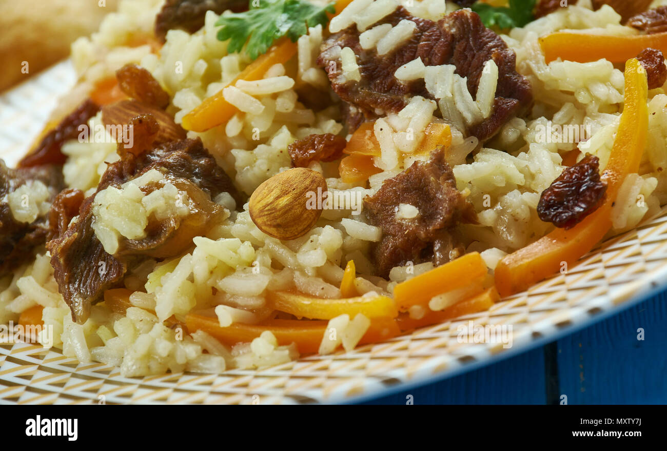 Cucina pakistano , Kabuli Pulao e tradizionali piatti assortiti, vista dall'alto. Foto Stock