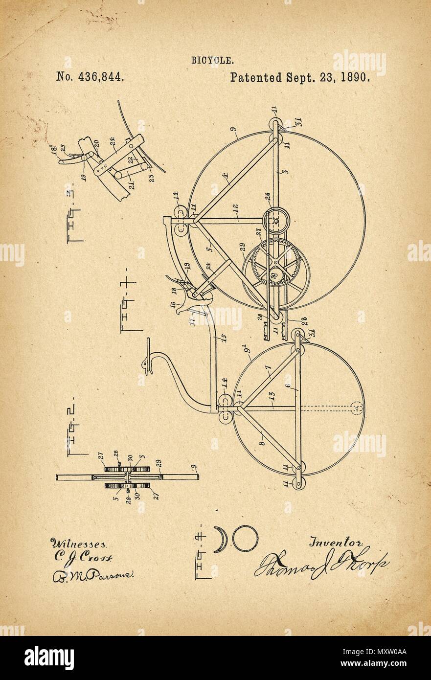 1890 Brevetto bicicletta Velocipede storia archivio trovato Foto Stock