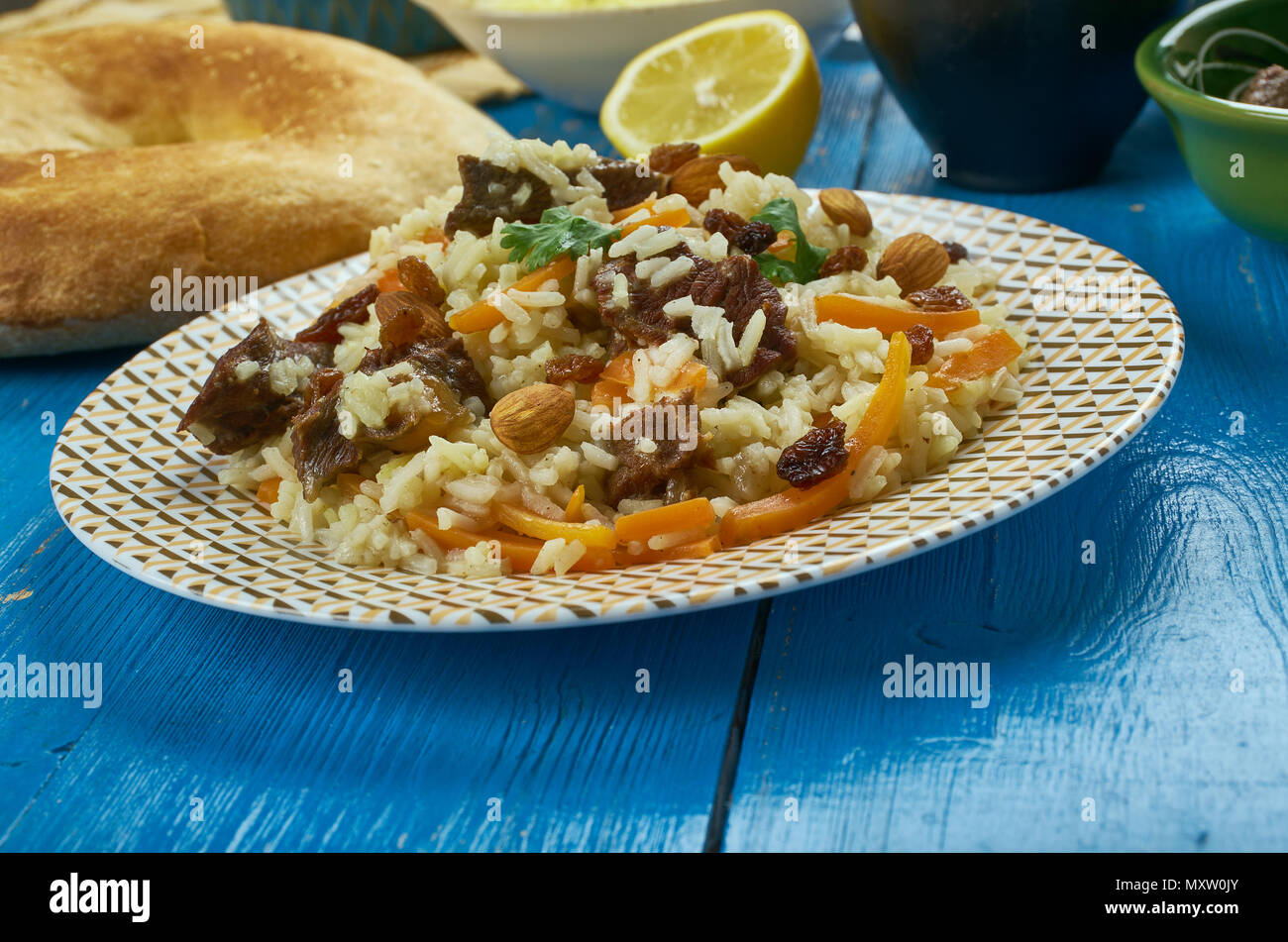 Cucina pakistano , Kabuli Pulao e tradizionali piatti assortiti, vista dall'alto. Foto Stock