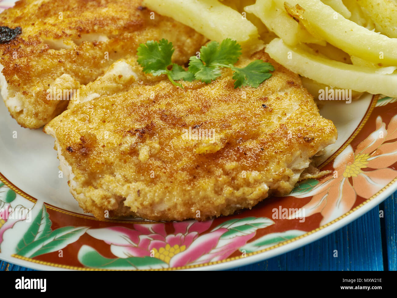 Croccante frittura di pesce , bianco i filetti di pesce, norvegese o Alaska Cod Foto Stock