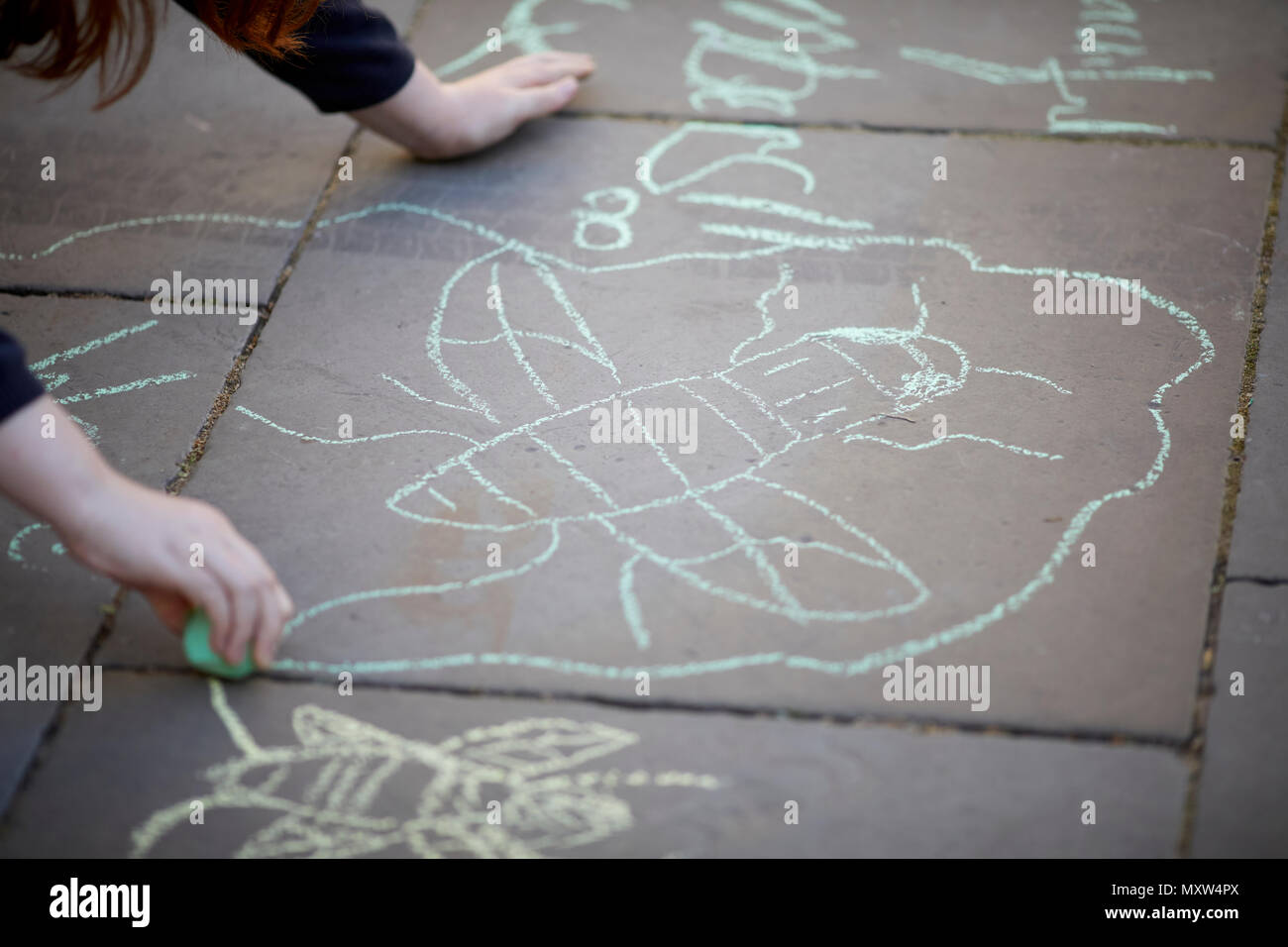 Arena di Manchester il terrore attack 1 anno di anniversario di un bambino disegna un Manchester Bee sul pavimento in gesso a St Ann's Square Foto Stock