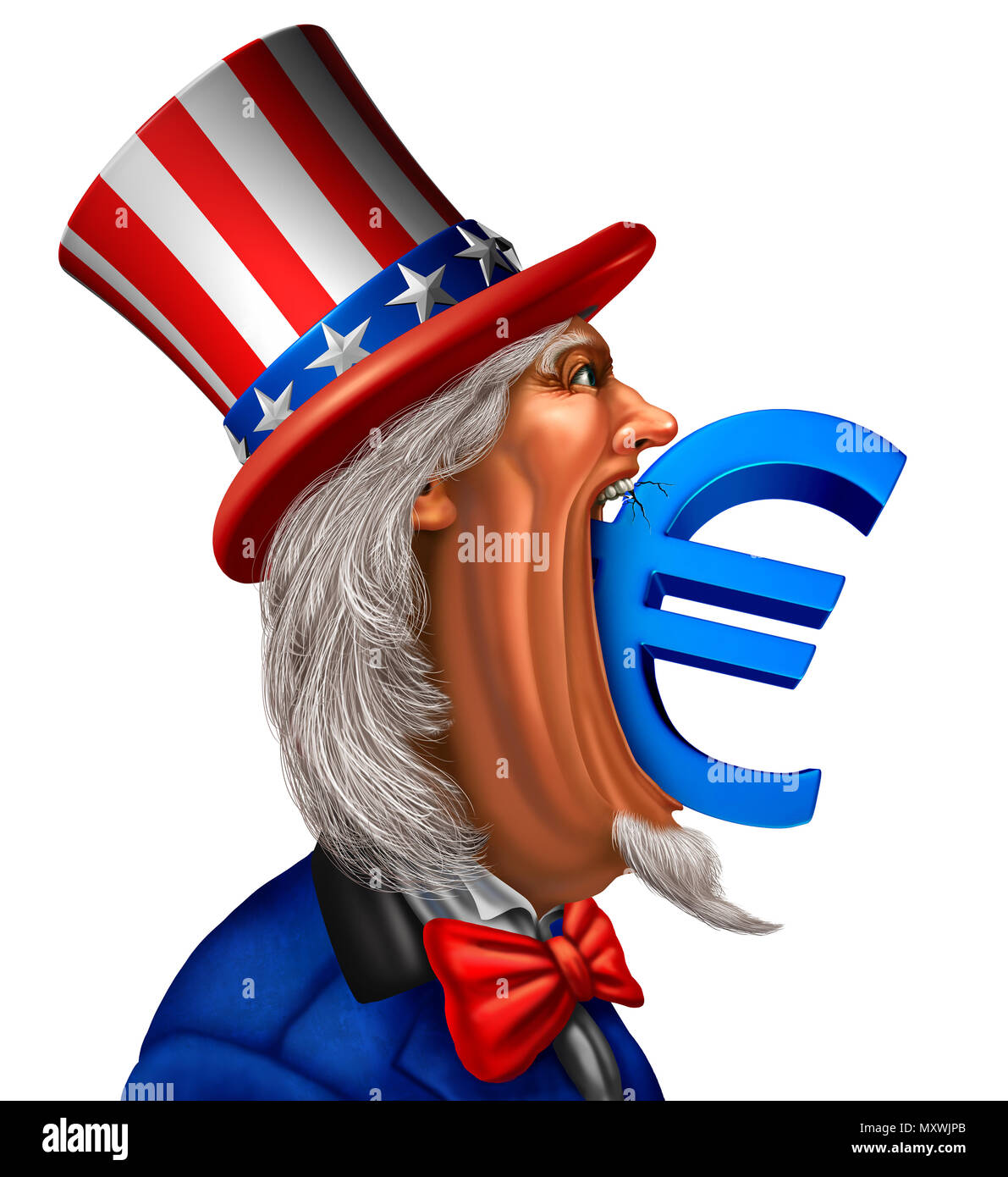 American europea concetto economico come lo zio Sam di mordere in un simbolo valuta euro in Europa e Stati Uniti controversia commerciale o di guerra commerciale. Foto Stock