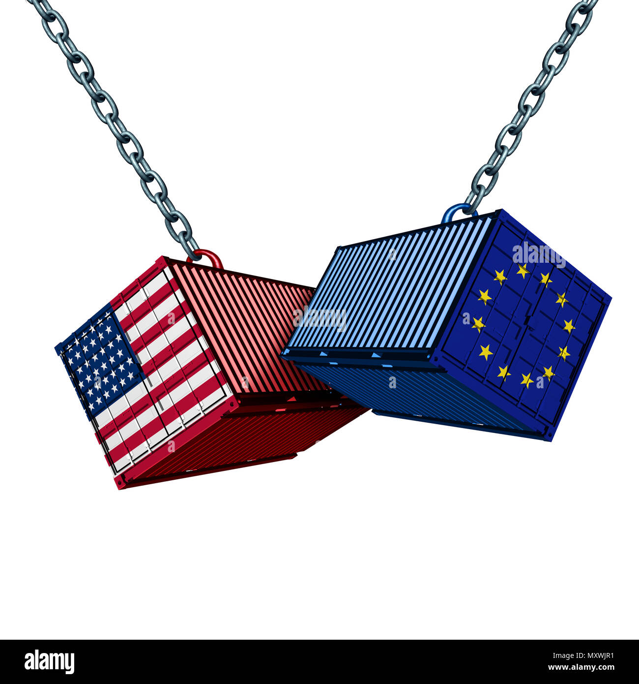 Europeo americano guerra commerciale e Europa USA contingente controversia come due opposte merci contenitori come un Euro conflitto economico su esportazioni di importazione. Foto Stock
