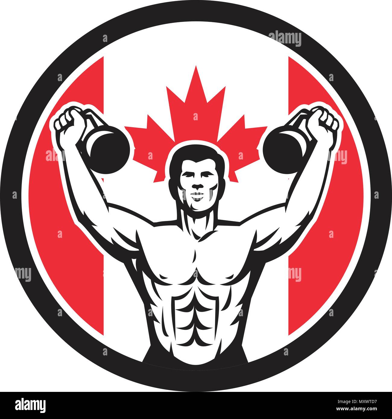 Icona di stile retrò illustrazione di un fisico canadese appassionato di fitness training con kettlebell e Canada maple leaf flag impostato all'interno del cerchio sulla isolato ba Illustrazione Vettoriale