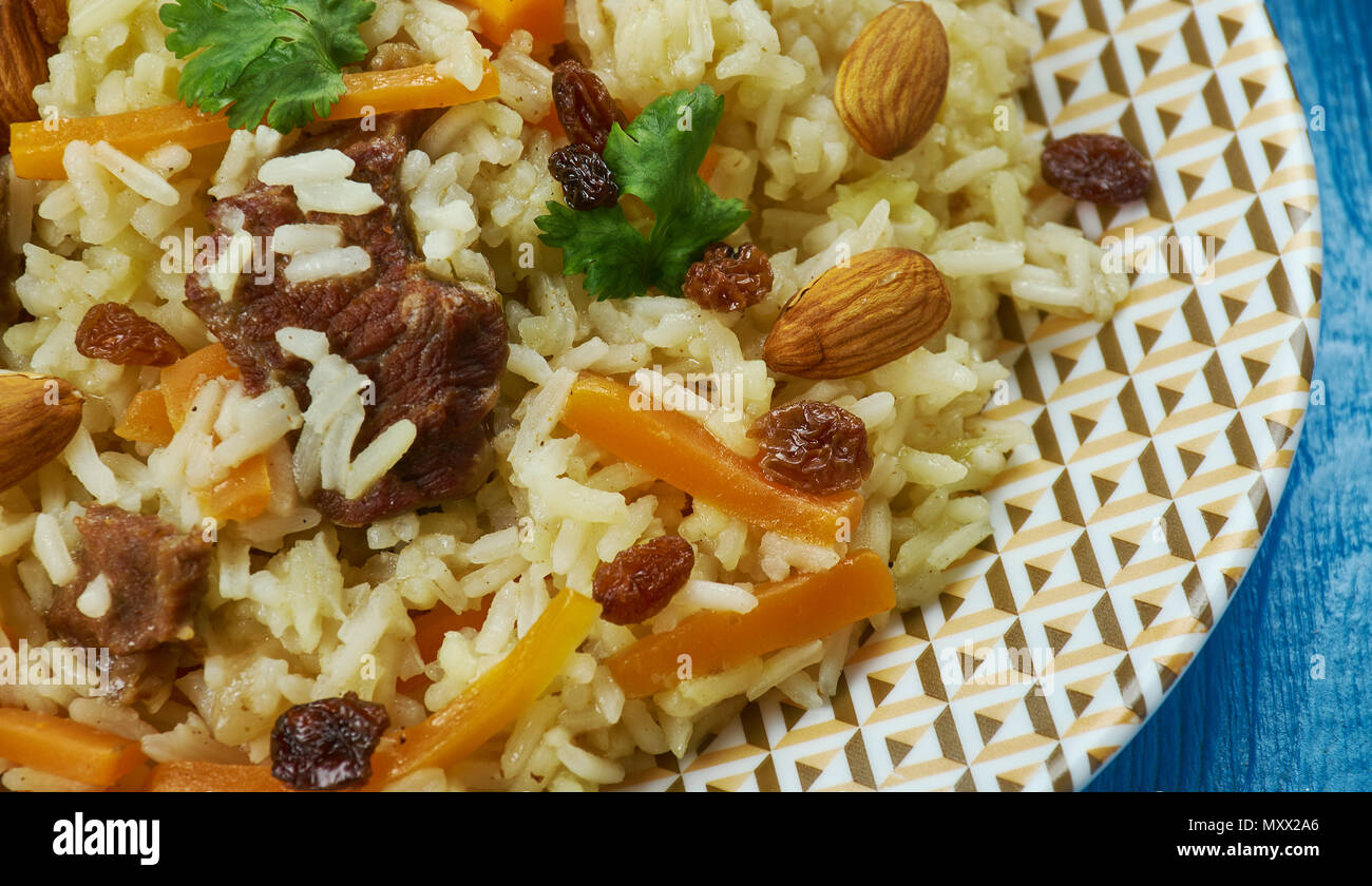 Cucina pakistano , Kabuli Pulao e tradizionali piatti assortiti, vista dall'alto. Foto Stock