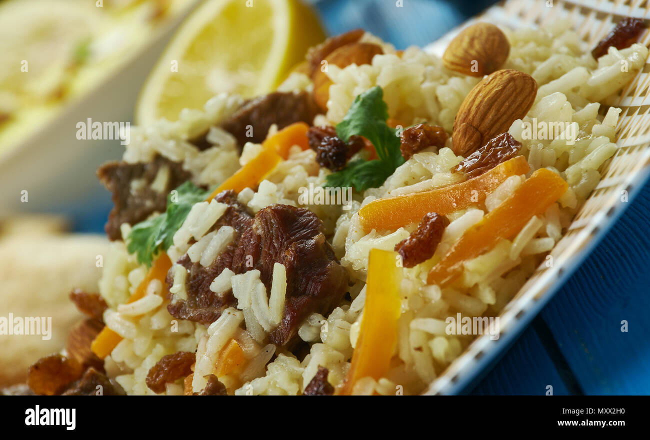 Cucina pakistano , Kabuli Pulao e tradizionali piatti assortiti, vista dall'alto. Foto Stock