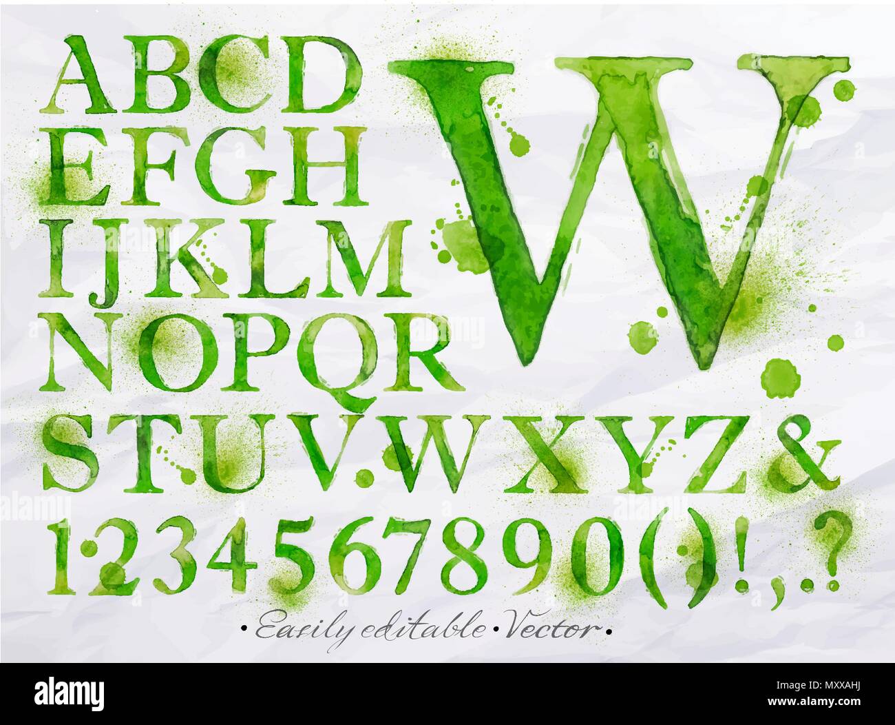 Set alfabeto disegnato acquerello blot e macchie con uno spruzzo di colore verde. Facilmente modificabile. Vettore Illustrazione Vettoriale