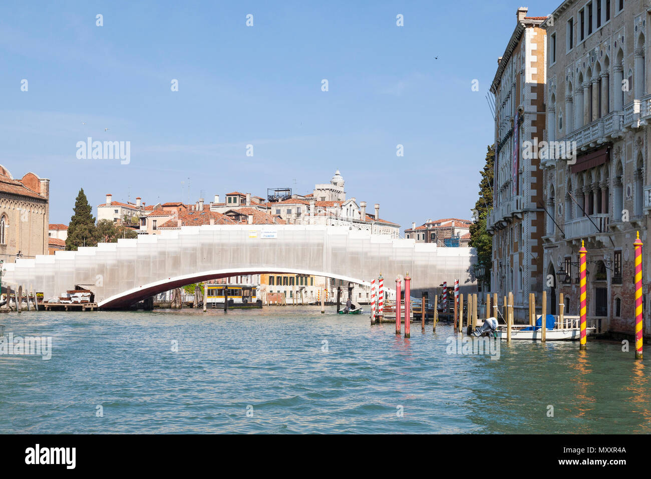 Rinnovo su Ponte Accademia, Grand Canal, Venezia, Veneto, Italia offerte da Luxottica con il ponte coperta da impalcature e tessile. Foto Stock