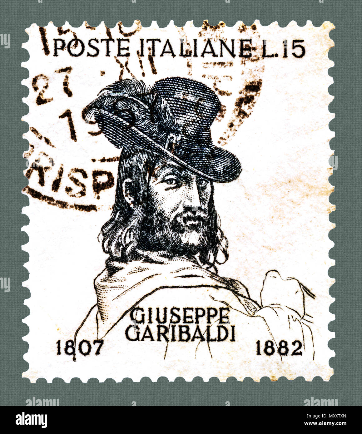 Giuseppe Garibaldi che indossa il cappello con piuma: Italiano francobollo Foto Stock