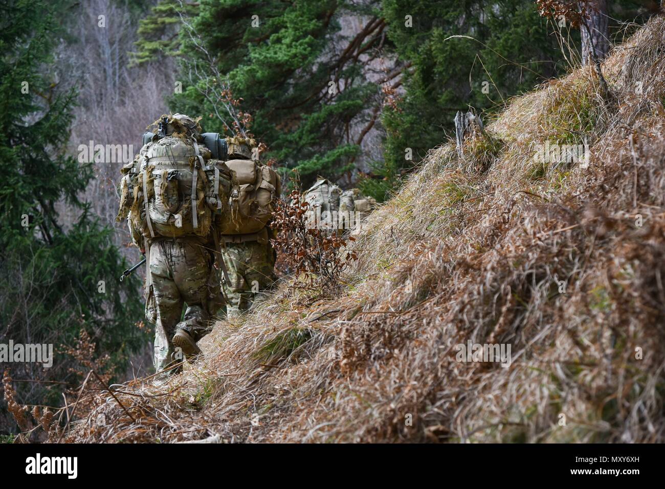 Stati Uniti Paracadutisti dell'esercito con il plotone Scout, sede e Sede Società, 2° Battaglione, 503rd Reggimento di Fanteria, 173rd Airborne Brigade escursione in montagna durante il Tedesco Mountain Warfare Formazione in Seinsbach Gorge, Mittenwald, Germania, Dic 11, 2016. La guerra di montagna della formazione è stata condotta 5-16 Dicembre a costruire tactical proficiency in terreno montuoso. Paracadutisti condotte operazioni di ricognizione e praticata in condizioni di freddo intenso tecniche di sopravvivenza. La formazione ha avuto luogo a fianco degli alleati della NATO, tra cui estone, tedesco, lettone, lituana e forze armate polacche. (U.S Foto Stock