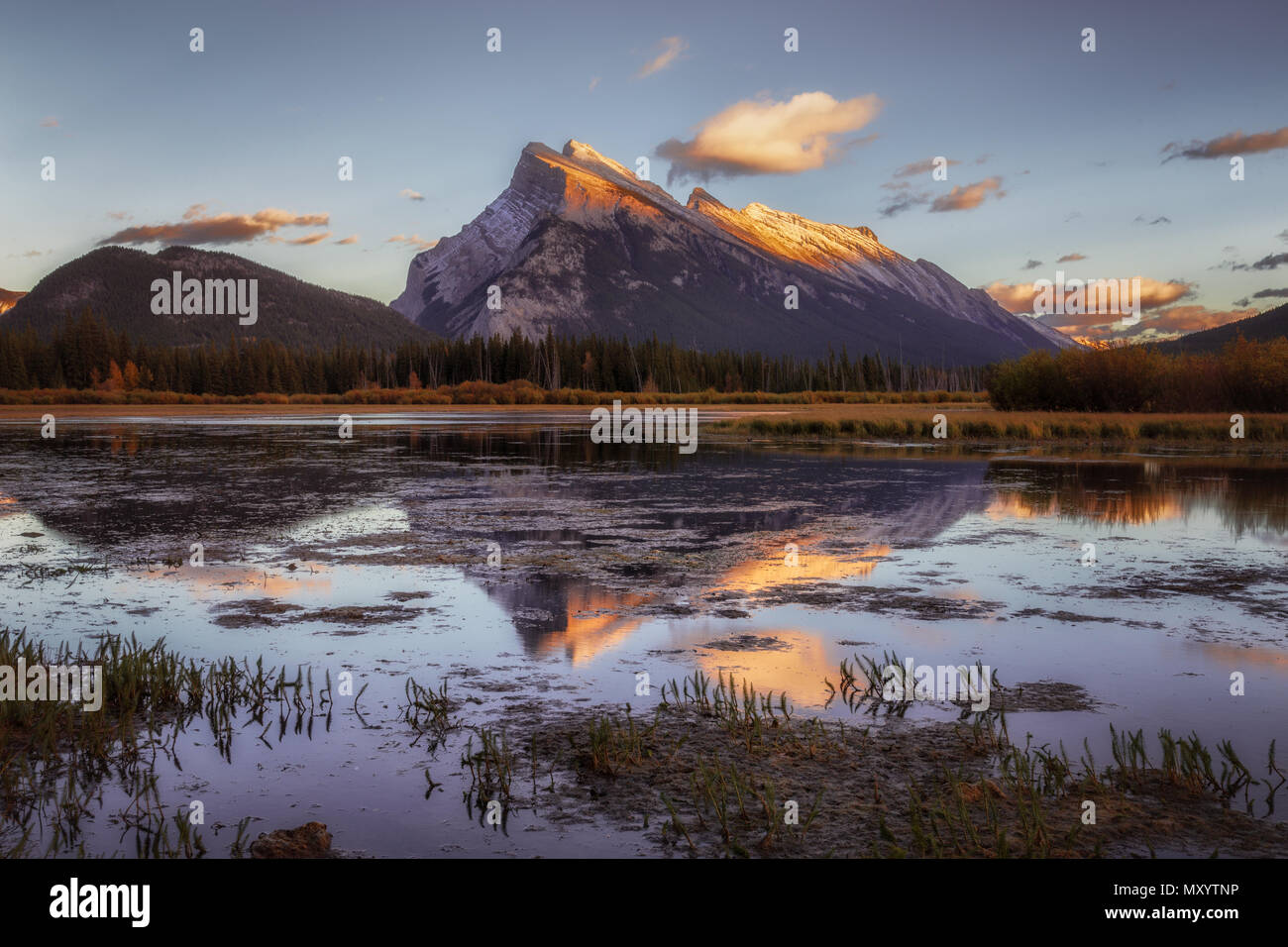 Non importa dove siete a Banff, il cuneo a Mount Rundle telai sopra di voi! Questa è una foto che si affaccia su Laghi Vermillion - un famoso tramonto sp Foto Stock