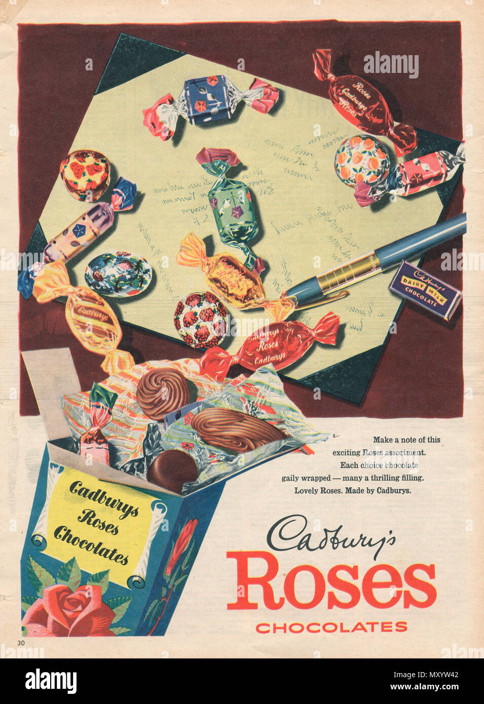 Assortimento di cioccolato Cadbury's Roses, 1957. Pubblicità a colori. Iconico marchio dolciario britannico. Foto Stock