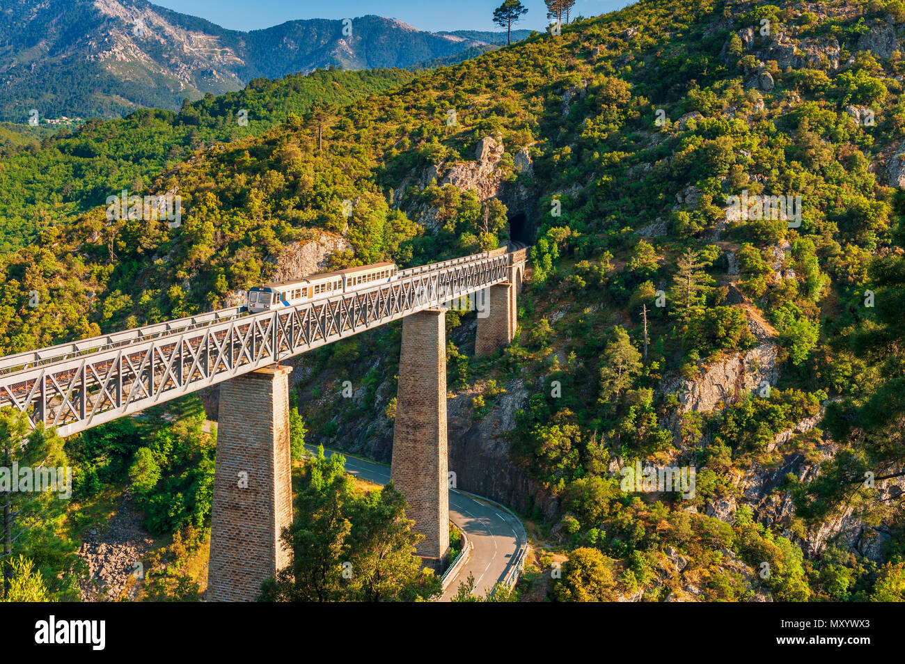 Il treno attraversa Gustave Eiffel il viadotto in vecchio, Corsica, Francia Foto Stock
