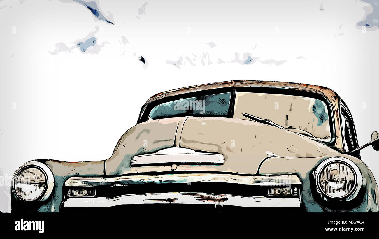 Illustrazione del cofano di un vecchio vintagr auto. Foto Stock