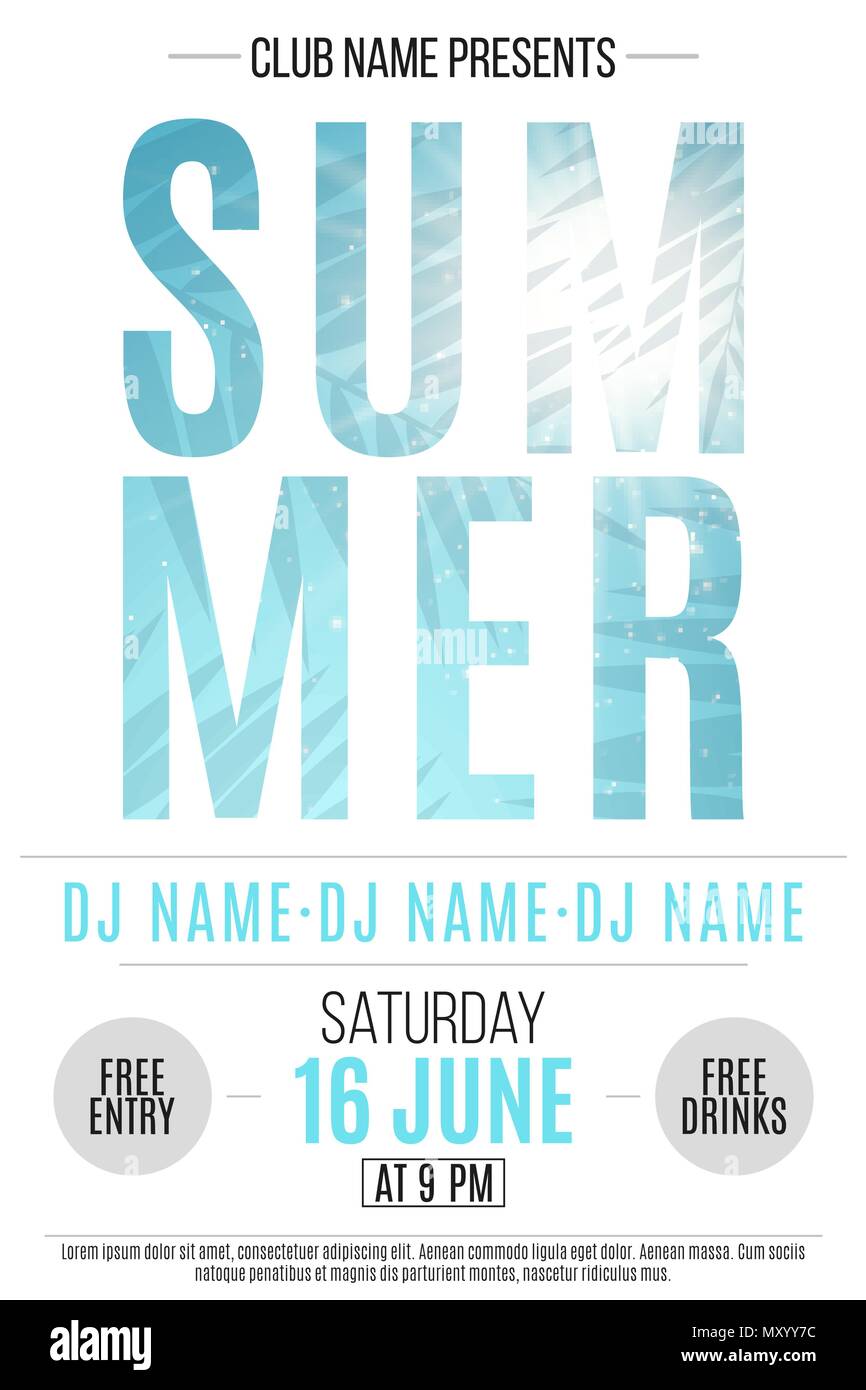 Summer Party flyer. Sfondo con palme. I nomi dei club e DJ. Discoteca estiva flyer. Illustrazione Vettoriale. EPS 10 Illustrazione Vettoriale