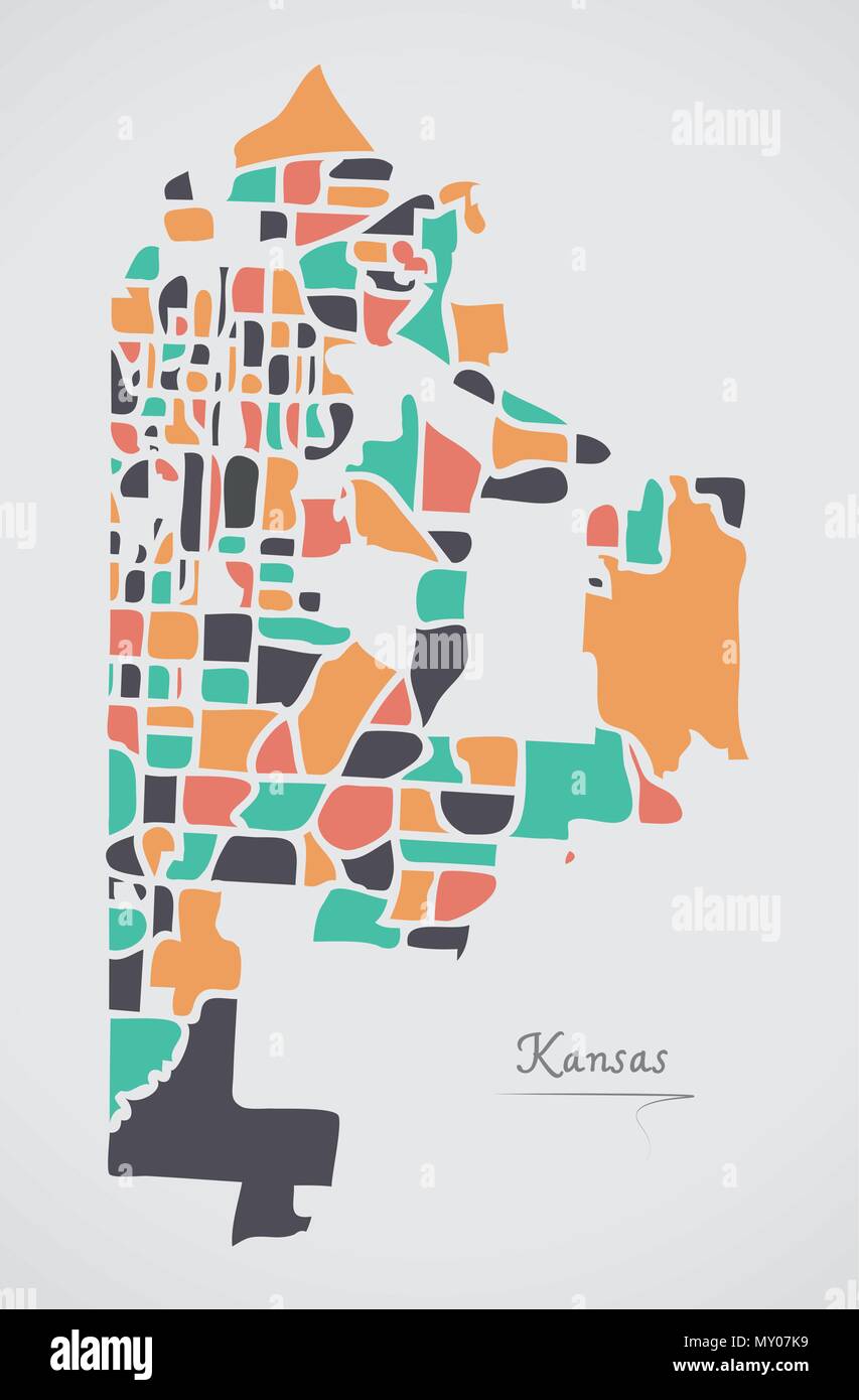 Kansas Missouri mappa con i quartieri e di moderne forme rotonde Illustrazione Vettoriale