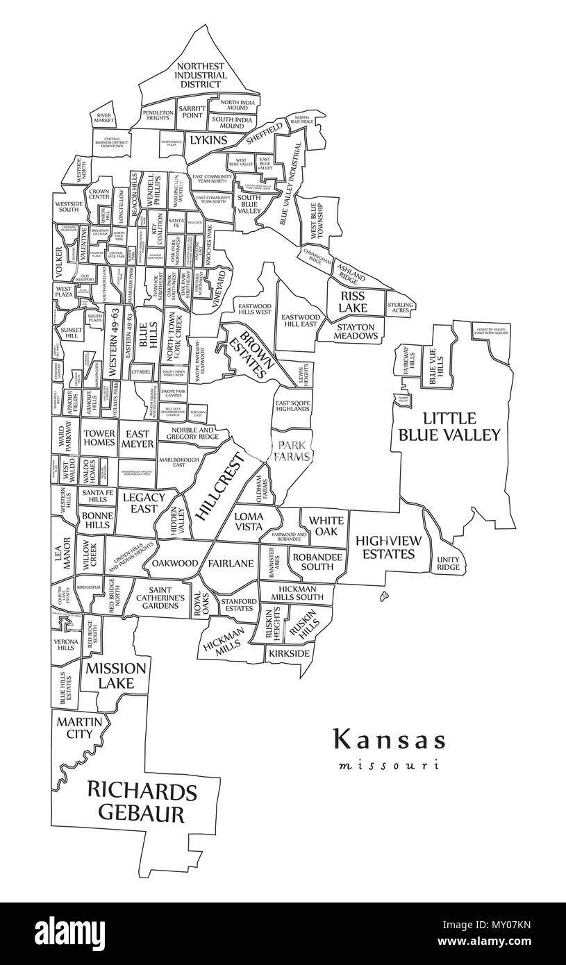Città moderna mappa - Missouri Kansas City degli Stati Uniti con i quartieri e i titoli mappa di contorno Illustrazione Vettoriale