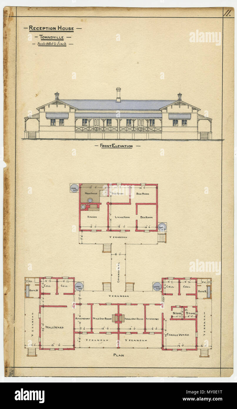 Disegno architettonico della casa di accoglienza, Townsville, 14 luglio 1884. Nei primi giorni del Queensland storia, era comune per le persone con malattia mentale di essere separato dal resto della società. La malattia mentale è stato al di fuori della vista e per lo più al di fuori della mente. Dopo la separazione da NSW nel 1859, il Queensland non ha avuto alcun manicomio, come ospedali psichiatrici erano chiamati allora. Invece i malati mentali erano frequentemente depositato presso il carcere di Brisbane su Petrie terrazza. Nel 1865, l'Asilo Woogaroo apriva nei pressi dell attuale Goodna, la scorta di polizia 57 maschi e 12 pazienti di sesso femminile per il nuovo stabilimento. Da Foto Stock