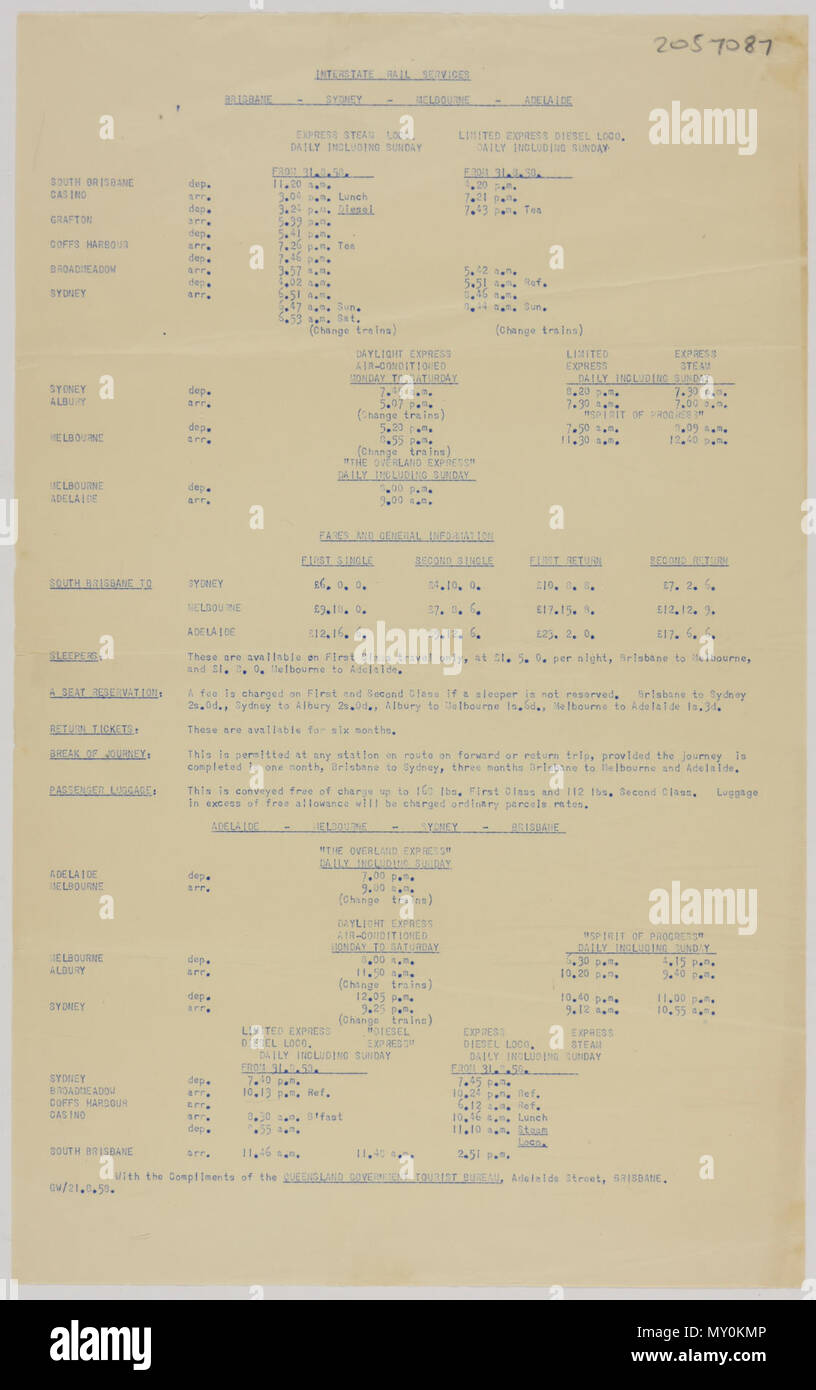 Interstate Rail Services, 31 agosto 1958. Interstate Rail Services: Calendario: Brisbane-Sydney-Melbourne-Adelaide e viaggio di retromarcia. Include gli orari, le tariffe e informazioni generali. Foto Stock