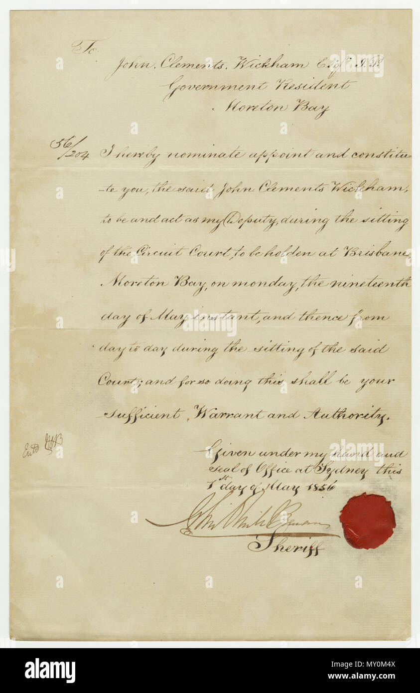 Lettera di Giovanni Clements Wickham, Esq, governo residente, Moreton Bay,. John Clements Wickham era un scozzese naval officer, magistrato e amministratore. È stato il primo ufficiale nel secondo viaggio di HMS Beagle che ha portato a un giovane Charles Darwin. Dopo il ritiro dalla Royal Navy, divenne un magistrato di polizia di Moreton Bay distretto nel 1843. Si ritirò nel 1859 quando Queensland forma separata del Nuovo Galles del Sud e spostato in Francia. Foto Stock