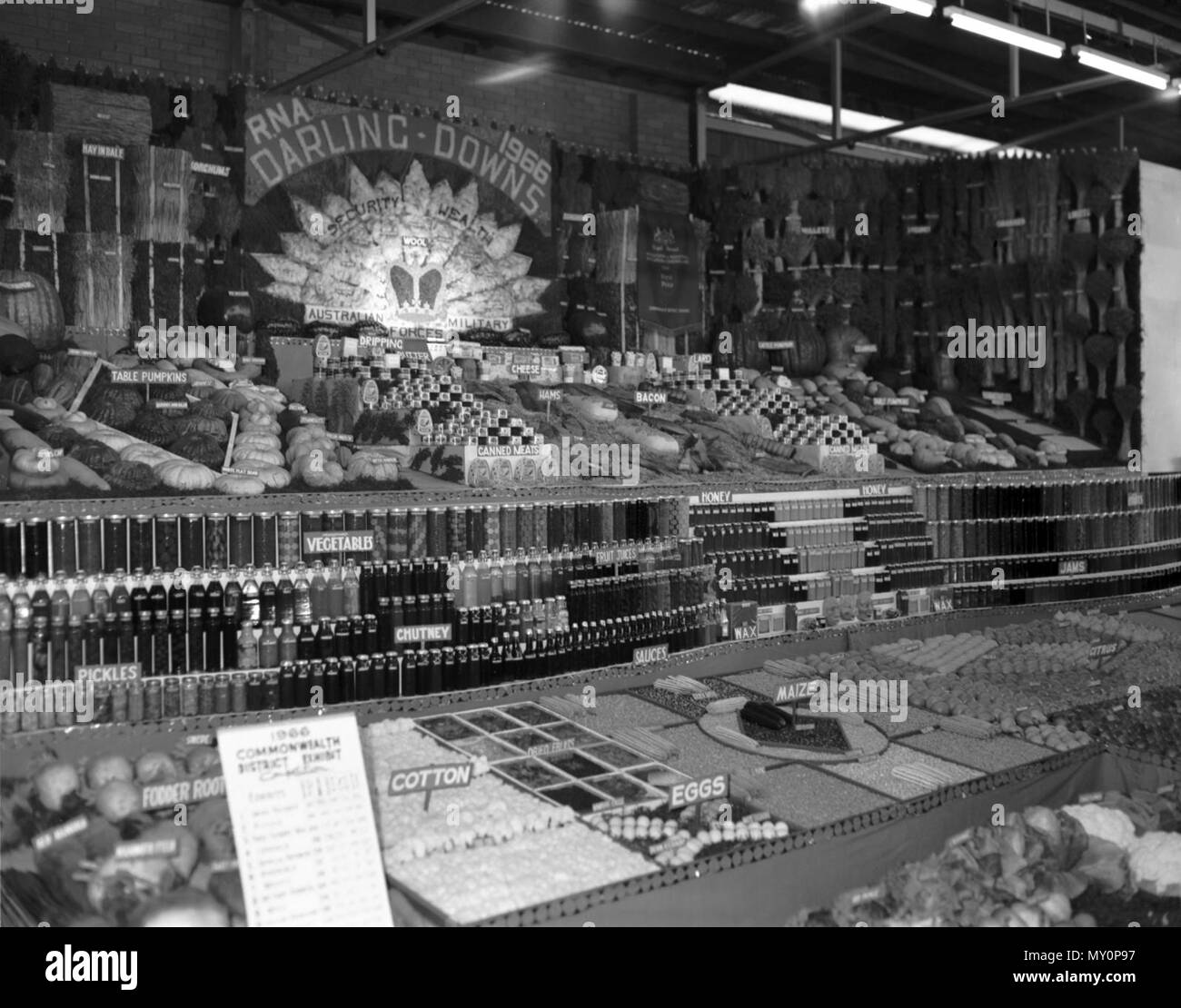 La produzione di display, RNA, Esposizioni di Brisbane, Agosto 1966. Un display di carni e di conserve di ortaggi e legumi, salumi, cereali e altri prodotti di Darling Downs regione. Foto Stock