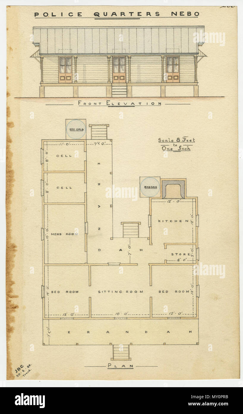 Disegno architettonico della polizia Quarti, Nebo, 20 febbraio 1884. La stazione di polizia, Nebo aperto nel febbraio 1867. Le stazioni di polizia in tutto lo stato sono state frequentemente usate simultaneamente come il tribunale locale house, la stazione di polizia di lock-up e alloggi per gli ufficiali di polizia. Foto Stock