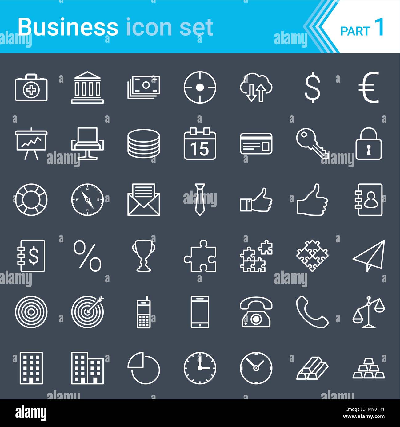 Moderno, accarezzare le icone di business isolato su sfondo scuro Illustrazione Vettoriale
