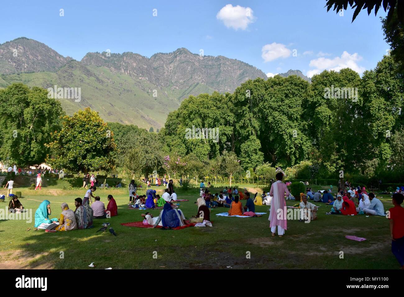 5 giugno 2018 - Srinagar, J&K, India - Le persone godono di sotto la tonalità di chinar alberi presso un famoso giardino di Mughal in una calda giornata estiva a Srinagar, Indiano Kashmir amministrato. L'onda di calore ha continuato a Srinagar città con mercurio soaring al di sopra di una temperatura normale e nessuna tregua immediata prevista mediante il servizio meteo. La temperatura massima nella città è stata registrata a 34,4 gradi Celsius, 8.1 tacche sopra il normale il lunedì. Credito: Saqib Majeed SOPA/images/ZUMA filo/Alamy Live News Foto Stock