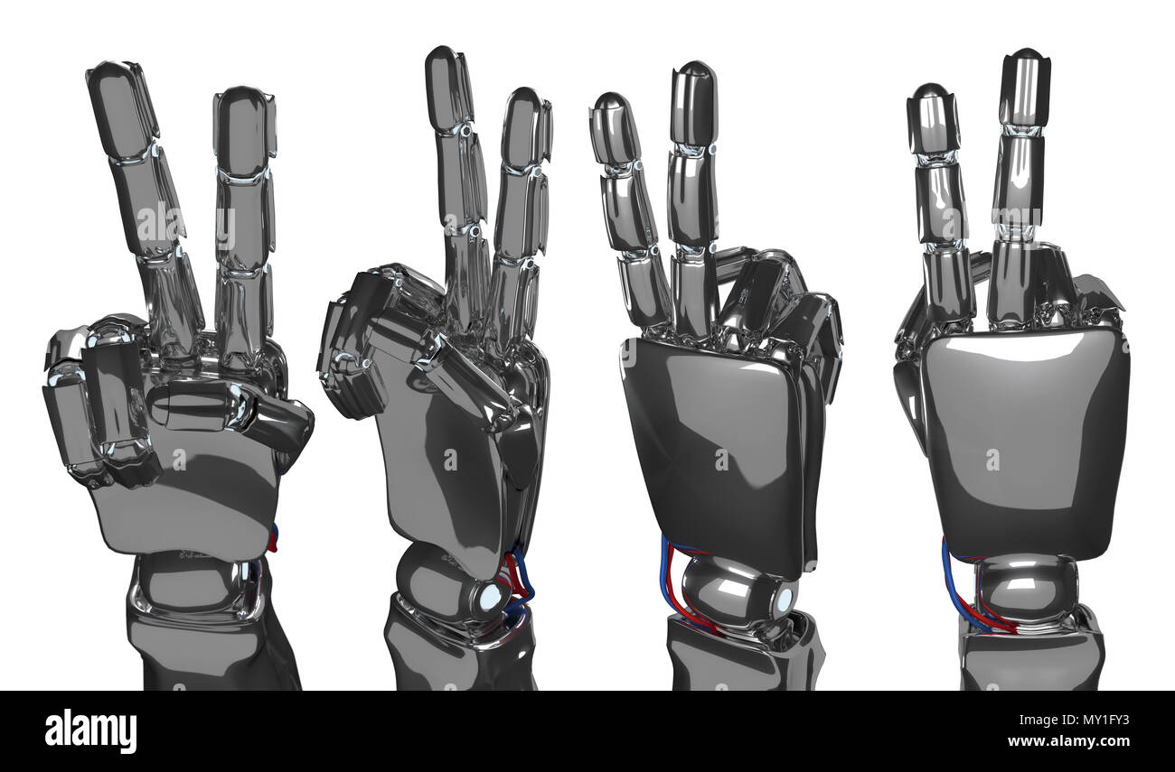 Mano robotica mostra due dita. Il rendering 3D Foto Stock