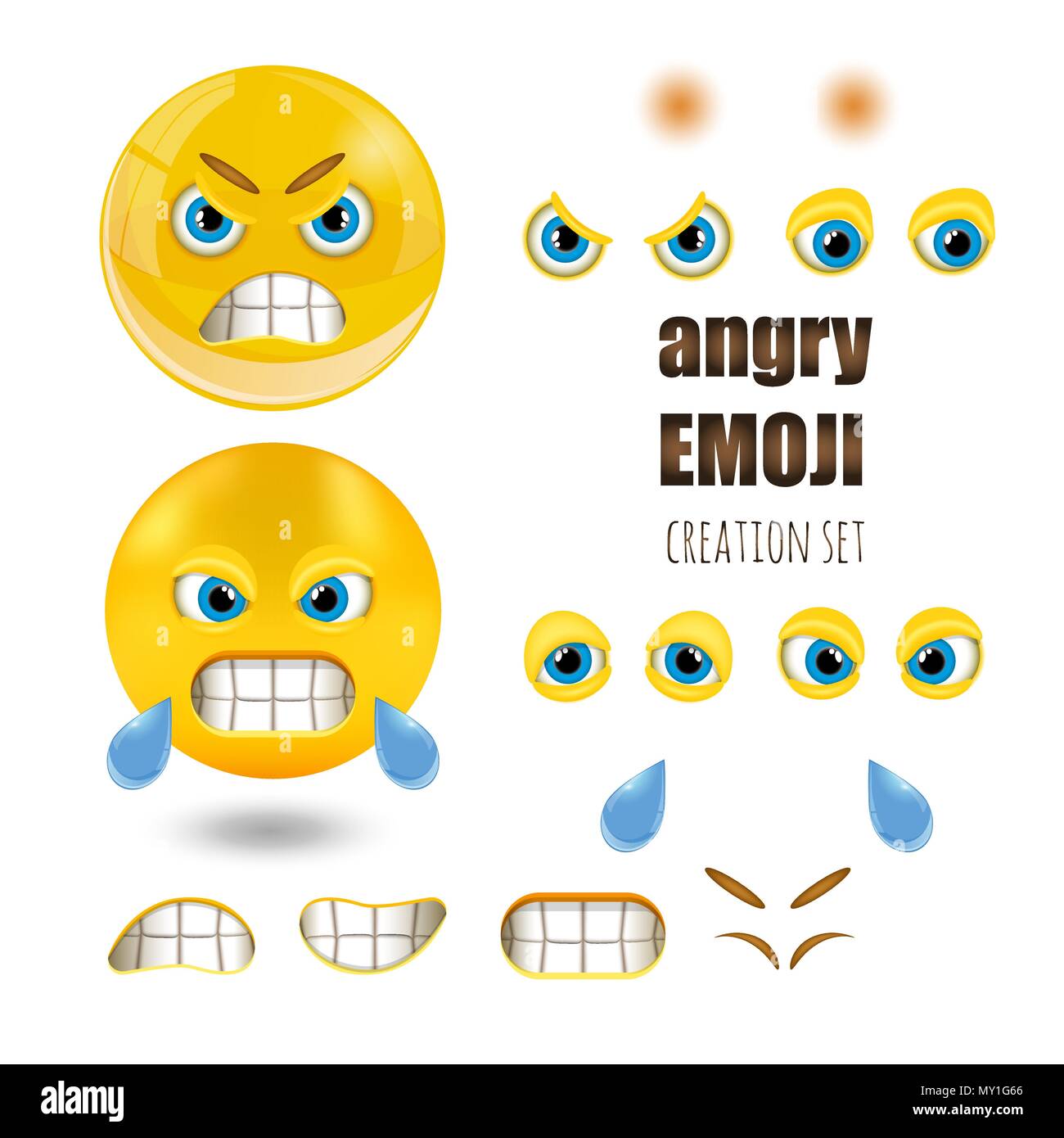 Giallo arrabbiato emoticon set, gli Emoji, illustrazione vettoriale. Illustrazione Vettoriale