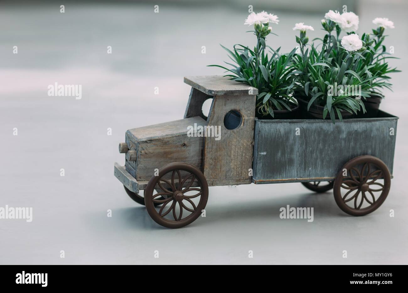 Concetto di consegna di fiori a domicilio, fiori nel tappeto di un giocattolo auto Foto Stock