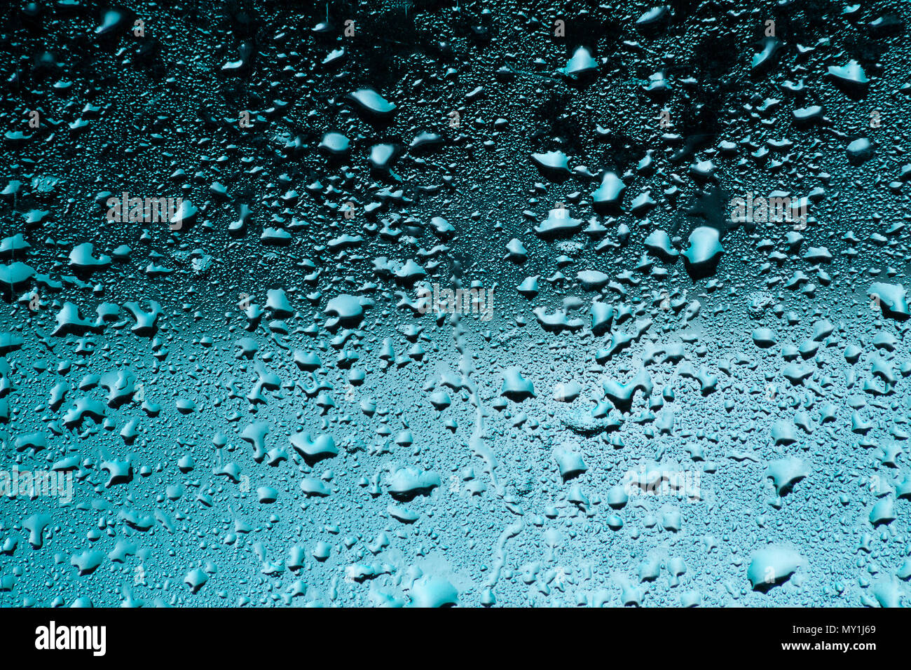 Finestra di pioggia. Gocce sul vetro in blu luce posteriore Foto Stock