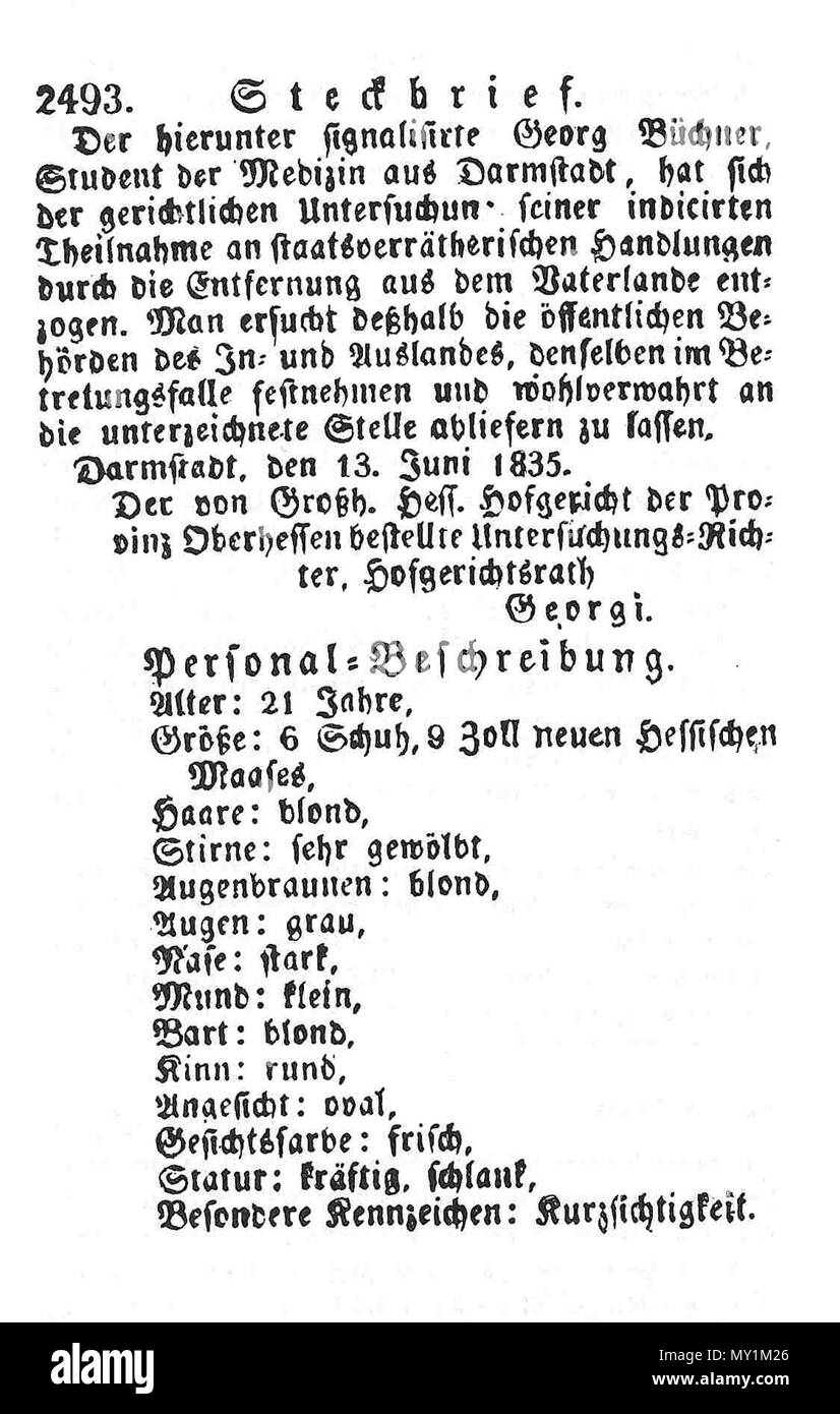 . Deutsch: Steckbrief vom 13. Juni 1835, mit dem Georg Büchner gesucht wurde. Inglese: manifesto wanted per lo scrittore tedesco Georg Büchner da Giugno 13, 1835. Il 13 giugno 1835. Giudice Georgi 502 Steck Foto Stock