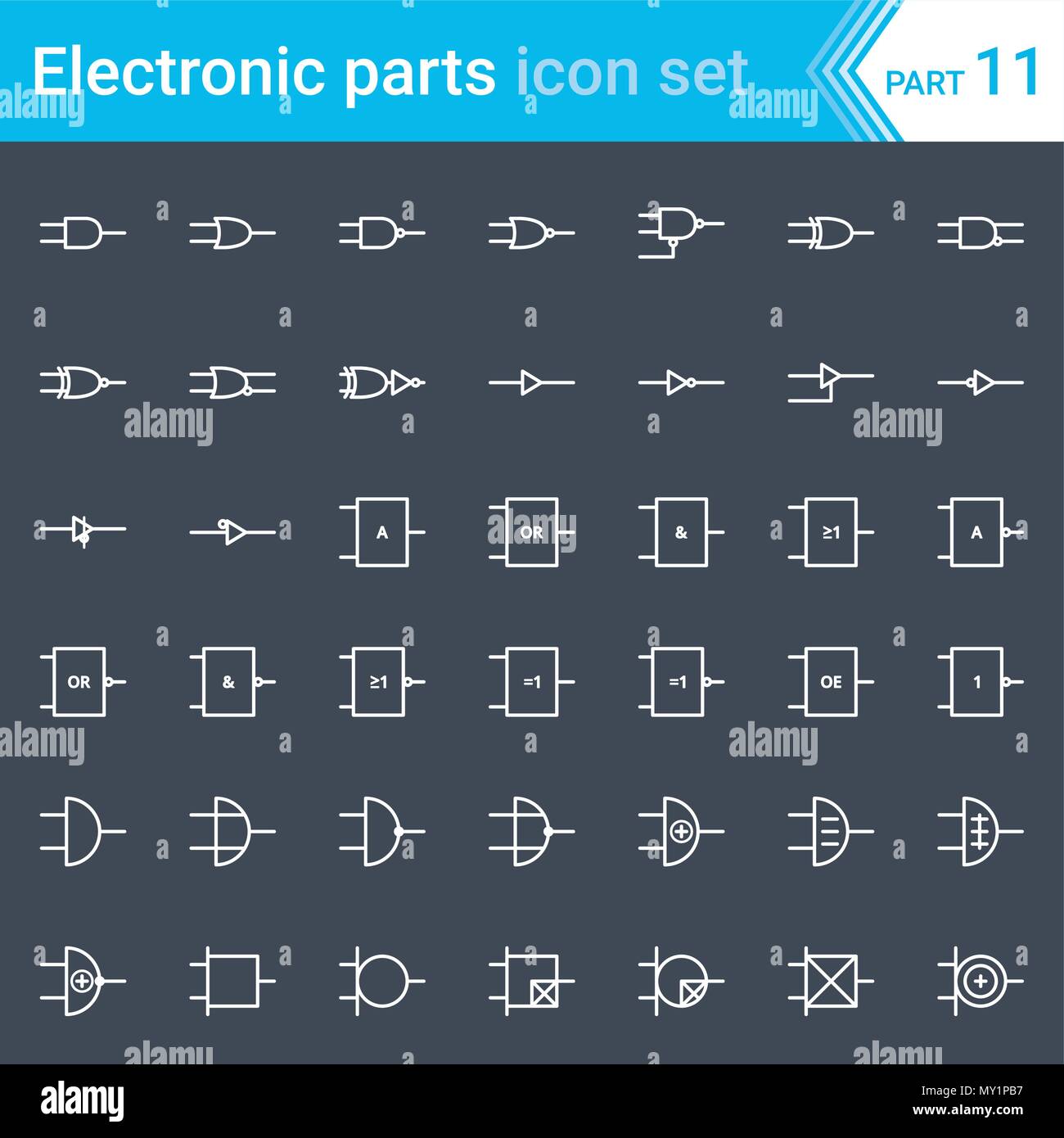 Elettrici ed Elettronici di icone, schema elettrico i simboli. Elettronica digitale, porta logica (ansi system, sistema britannico, sistema din, nema system). Illustrazione Vettoriale