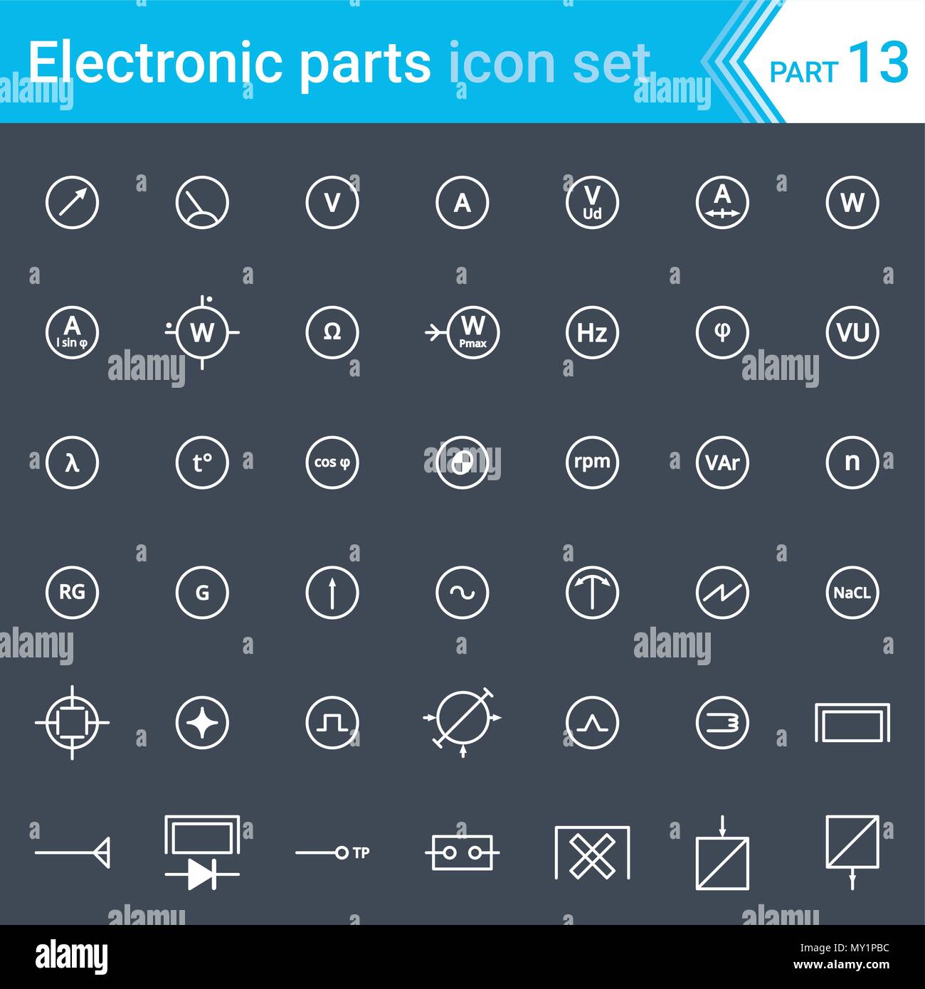 Elettrici ed Elettronici di icone, schema elettrico i simboli. Strumentazione elettrica, metri e registratori. Illustrazione Vettoriale