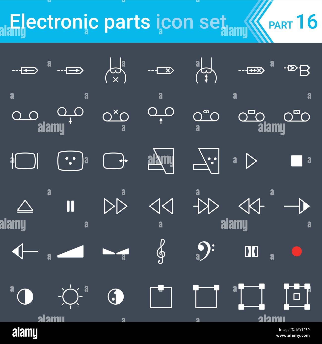 Elettrici ed Elettronici di icone, schema elettrico i simboli. Dispositivi audio e video, la funzione controllo di audio e video, suono di rappresentanza. Illustrazione Vettoriale