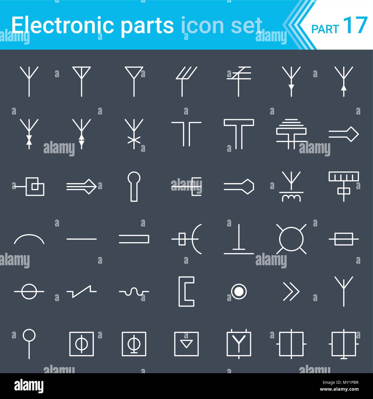 Elettrici ed Elettronici di icone, schema elettrico i simboli. Antenne, antenne, guide d'onda, la radio e la tv di distribuzione. Illustrazione Vettoriale