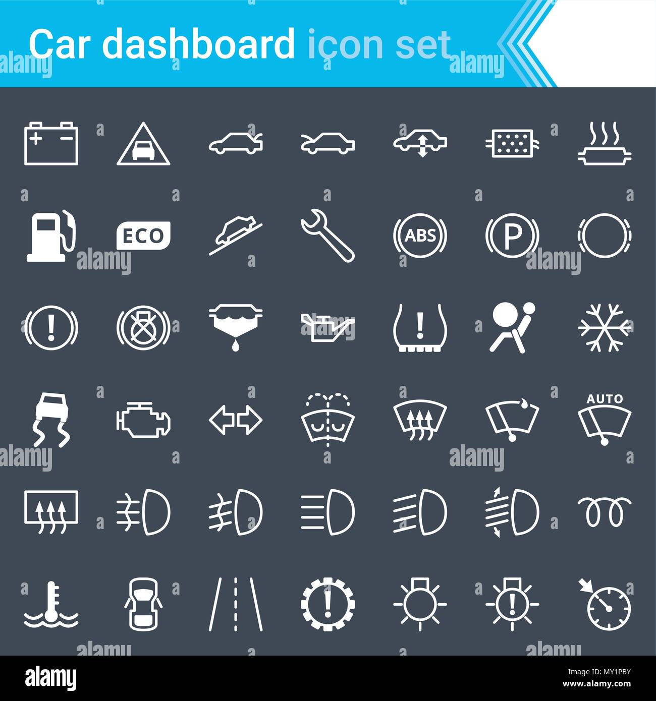 Moderno, accarezzato cruscotto di automobile, gli indicatori e le operazioni di manutenzione delle icone isolato su sfondo scuro. Illustrazione Vettoriale