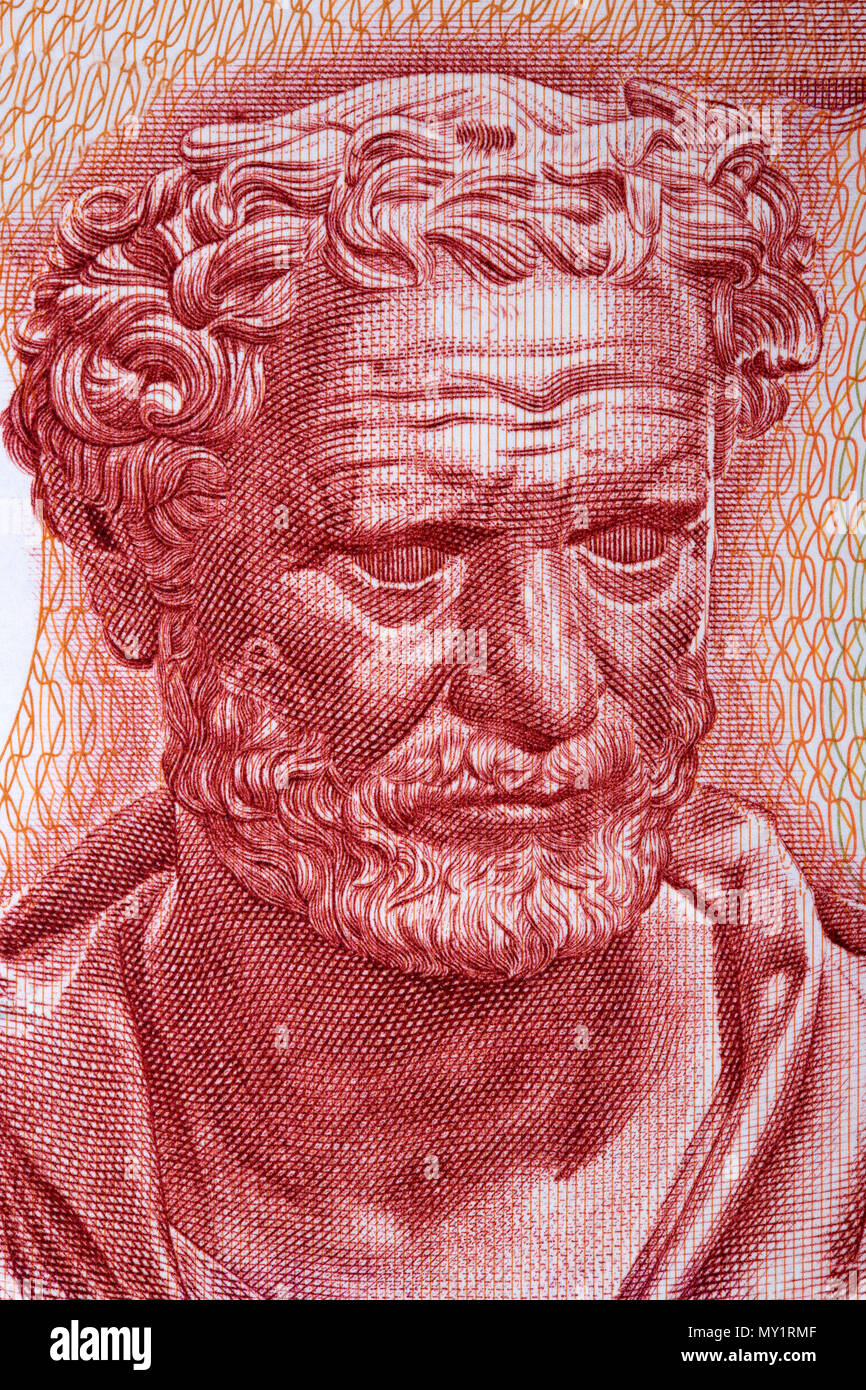 Democrito, ritratto dal greco denaro Foto Stock