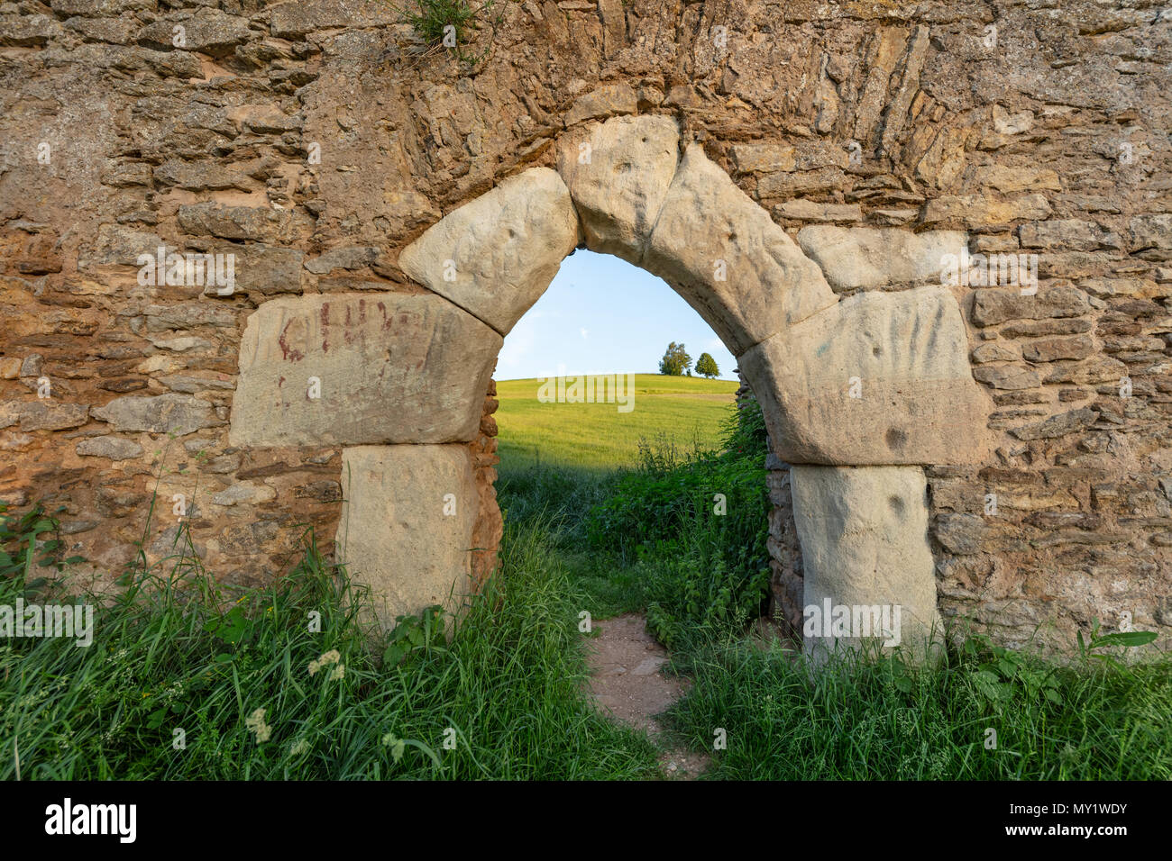 Ingresso alla rovina di un medievale Heiligkreuz cappella in Pfofeld, Franconia, Bavaria Foto Stock
