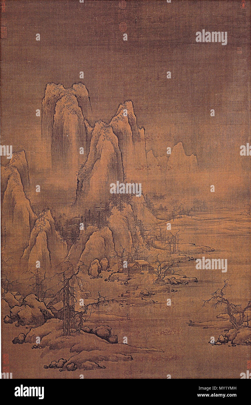 . La pesca sul fiume nevoso, dall artista cinese Xu Daoning, XI secolo la dinastia Song, inchiostro e colore della luce su seta appeso scorrere, 169 cm da 110,5 cm, situato nel Museo del Palazzo Nazionale di Taipei, Taiwan. Xi secolo. Xu Daoning 181 la pesca su un fiume nevoso, da Xu Daoning, xi secolo Foto Stock