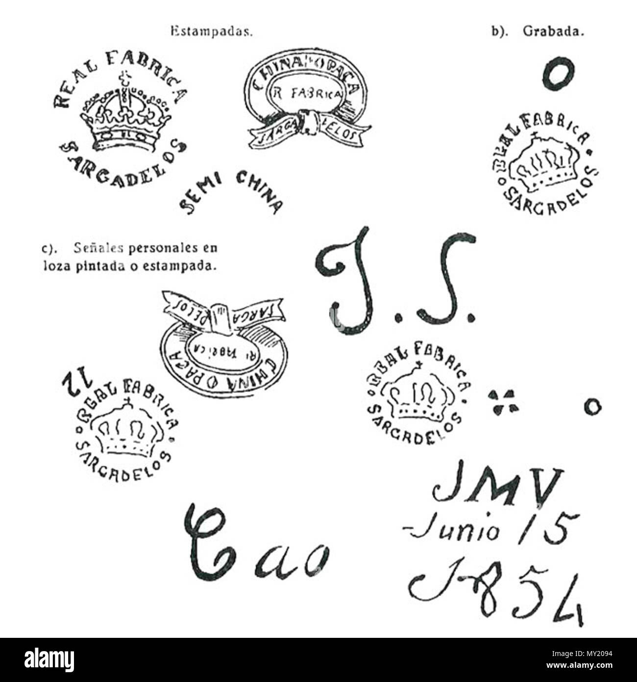 . Español: Marcas de Sargadelos, empleadas en la cuarta época cerca 1870-1875 . tra il 1870 e il 1875. Fábrica Sargadelos 475 Sargadaloes.marcas 4 epoca Foto Stock