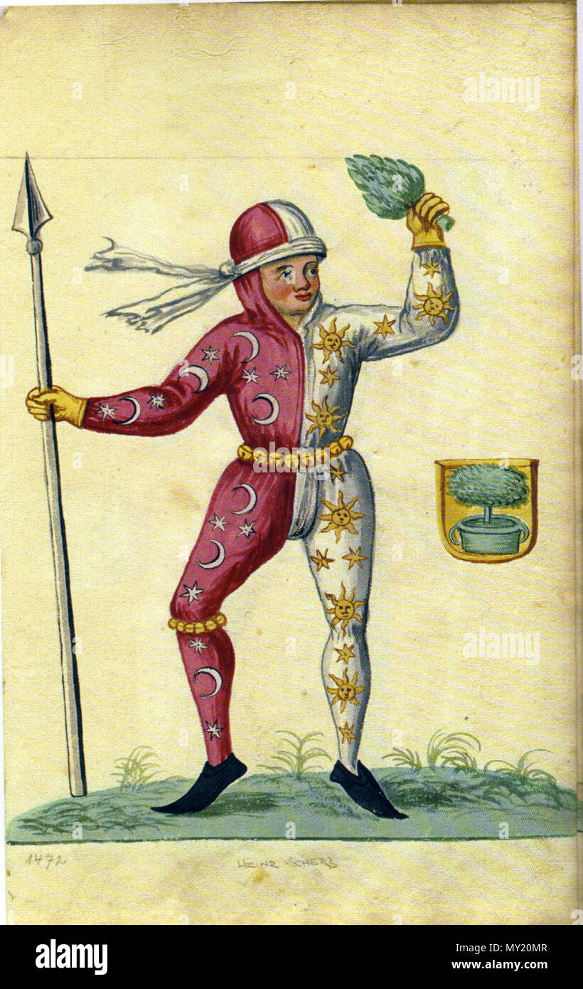 . Deutsch: Kostüm der Schembartläufer des Jahres 1472 mit dem Wappen des Anführers Heinz Scherb, Norimberga, GNM, Merkel Hs. 2° 861 Bl. 17r . 1. Hälfte 17. Jahrhundert. Sconosciuto 476 Schembartlauf 1472 Foto Stock