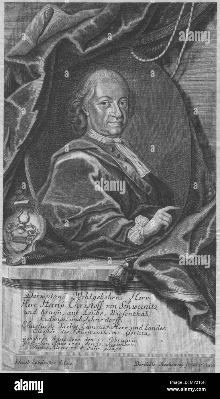 . Inglese: Ritratto di Hans Christoph von Schweinitz (1642/45-1722), incisione su rame 302x175 mm . Data sconosciuta, c. 1725. [Eybelwißer Eybelwieser], j[ohann] Giacobbe <Zeichner>; o. J. - Strahowsky, Bartholo[mäus] <Stecher> 479 Schweinitz HC C1771 Foto Stock