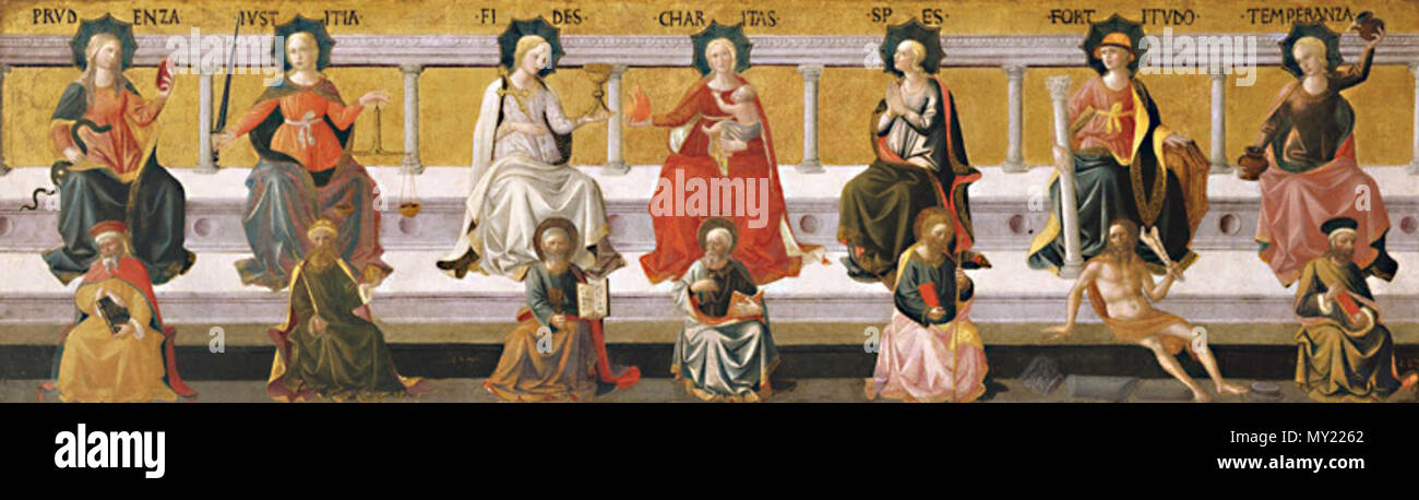 . L'en:sette virtù: la prudenza, la giustizia, la fede, la carità, la speranza, la fortezza e la temperanza e il loro rappresentante i Santi . Questo file è privo di informazioni sull'autore. 483 Sette Virtù Foto Stock