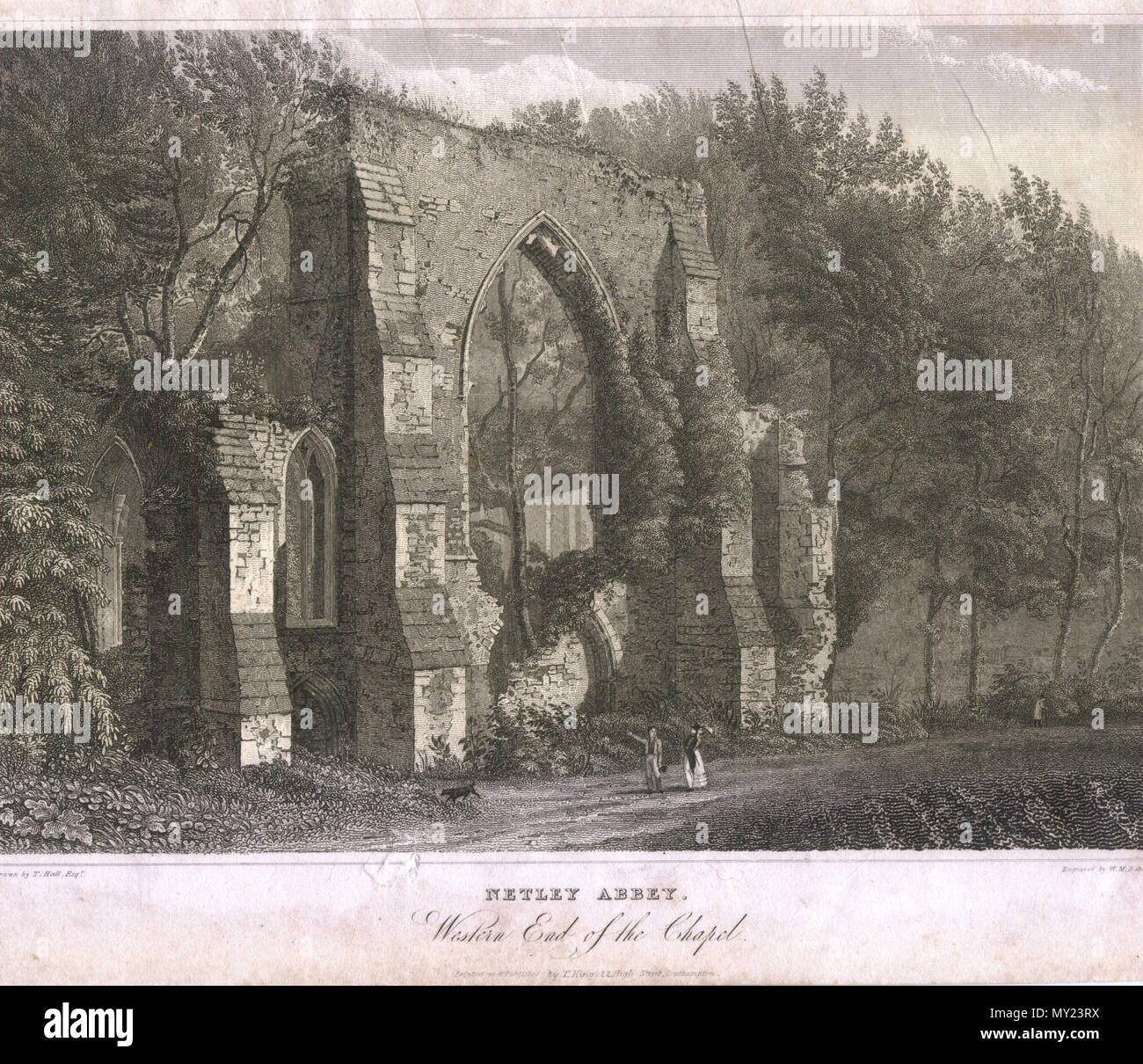 . Inglese: il fronte ovest della chiesa a Netley Abbey come era nel 1830s. circa 1830. Disegnata da Thomas Hall, incisi da W. M. Baker Uploader era en:User:Faeriesoph 385 Netnave-ita Foto Stock